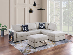 English Elm 3-Piece Boucle Sectional Sofa with Reversible Chaise, Built-In Shelf & Storage Ottoman for Living Rooms Beige 34 L x 26 W x 46 H B011S01778