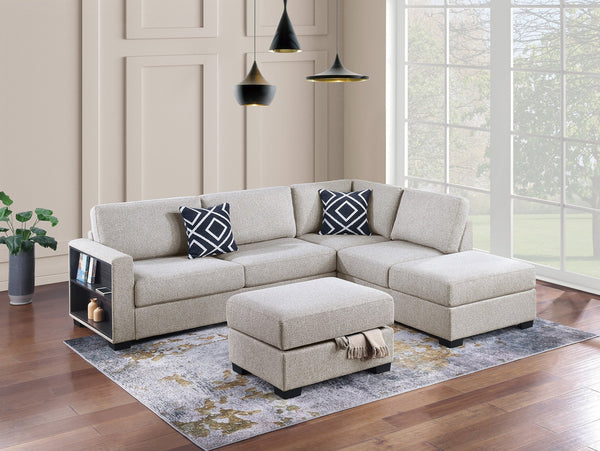 English Elm 3-Piece Boucle Sectional Sofa with Reversible Chaise, Built-In Shelf & Storage Ottoman for Living Rooms Beige 34 L x 26 W x 46 H B011S01778