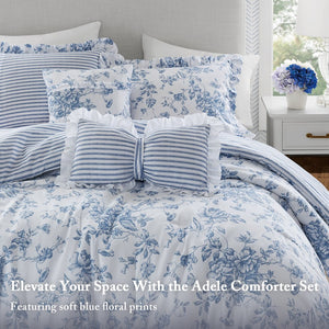 JLA Home Madison Park Essentials - 5 Vintage-Inspired Comforter Set with Ruffle Trim, Reversible Stripe, OEKO-TEX Soft Microfiber Luxury Blue MPE10-1167