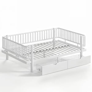 English Elm Full Size Metal Platform Storage Bed Low Profile Steel Frame with Built-in Drawers Light White W5305P471351