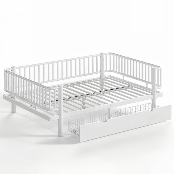 English Elm Full Size Metal Platform Storage Bed Low Profile Steel Frame with Built-in Drawers Light White W5305P471351