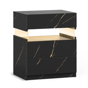 English Elm Led Nightstand with Rgb Acrylic Glow Panel Three Drawers Walnut Bedroom Table Black+Gold W2178P412303
