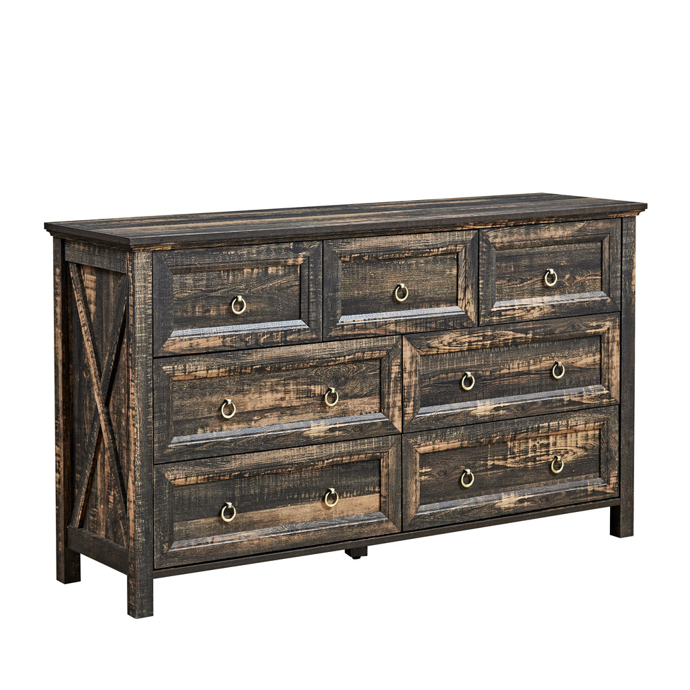 English Elm Farmhouse Tall Five Drawer Chest Rustic Oak Barn Door Style Organizer for Bedroom W2393P197410
