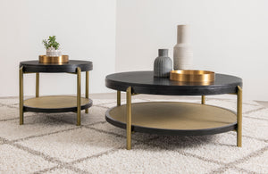 English Elm Round Two Tier Side Table with Rattan Shelf Aged Brass Legs for Living Room Black B016P469756