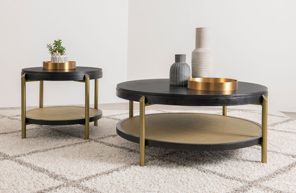 English Elm Round Two Tier Side Table with Rattan Shelf Aged Brass Legs for Living Room Black B016P469756