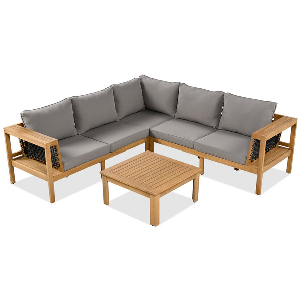 English Elm <old Old Sku Acacia Wood L-shaped Patio Sectional with Woven Rope Armrests Resort Cushioned Set Gray,Natural N704F201249E