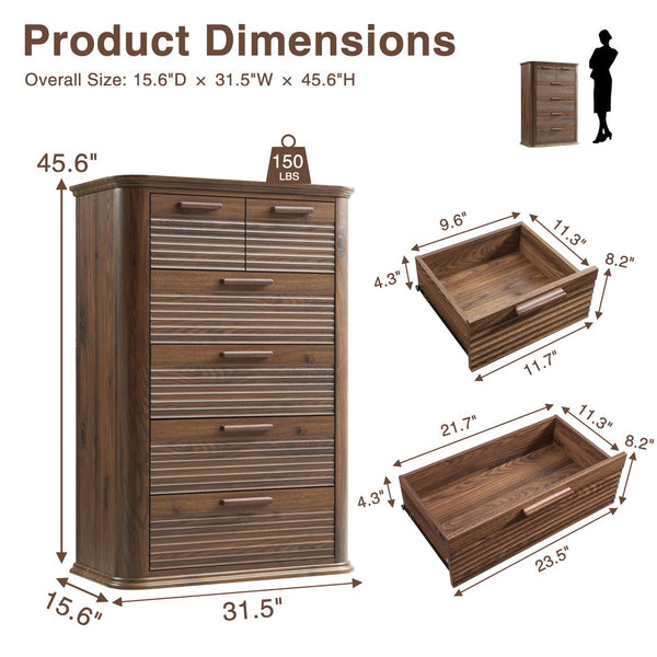 English Elm 6 Drawer Tall Fluted Chest with Waveform Fronts Slim Wooden Storage for Modern Bedroom T5326P425101