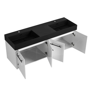 English Elm 60 Inch Wall-Mounted Bathroom Vanity With Double Black Resin Sink & Soft-Close Doors For Style W999S00253