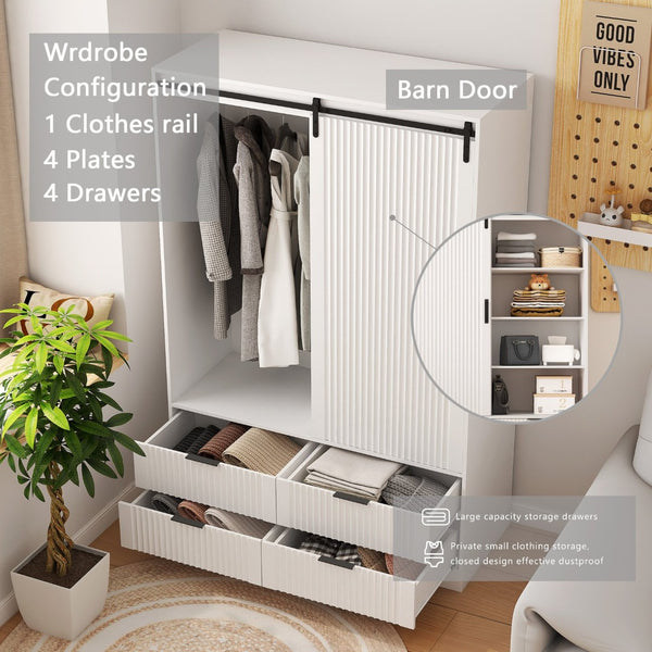 English Elm Tall Bedroom Armoire - Stylish Storage Cabinet With Barn Doors, Hanging Rod, Drawers & Shelves, White W1321S00013-GIGA