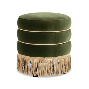 English Elm Jennifer Taylor Home - Edward 17.5" Round Upholstered Ottoman in Olive Green Performance Velvet with Bullion Fringe Accent B2719P269269
