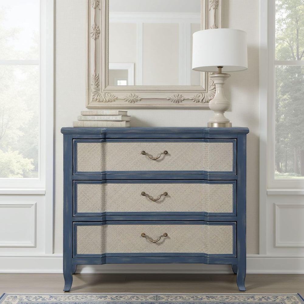English Elm Laurel Grove French Country Three Drawer Chest in Ocean Blue Fully Assembled B108P481208