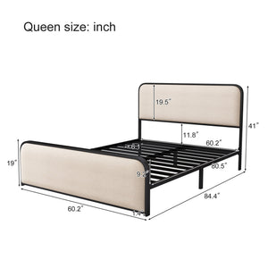 English Elm Modern Metal Bed Frame with Upholstered Curved Headboard, Underbed Storage, Heavy-Duty Slats, Queen Beige 64 L x 21 W x 5.75 H N701P229014B