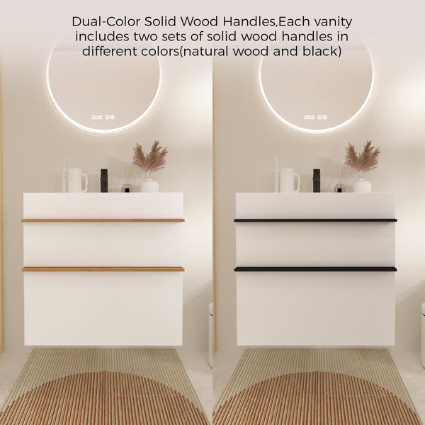 English Elm VELA 24 Inch Wall Mounted Bathroom Vanity with Integrated Acrylic Sink, Dual Wood Handles, Soft-Close drawers and Organizer White W3235P327448