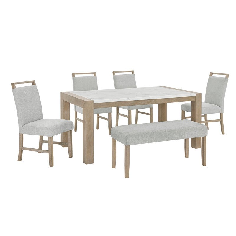 English Elm Louisa Six Piece Rectangular Faux Marble Dining Set with Oak Bench for Family Meals B2749S00313