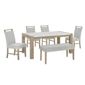 English Elm Louisa Six Piece Rectangular Faux Marble Dining Set with Oak Bench for Family Meals B2749S00313