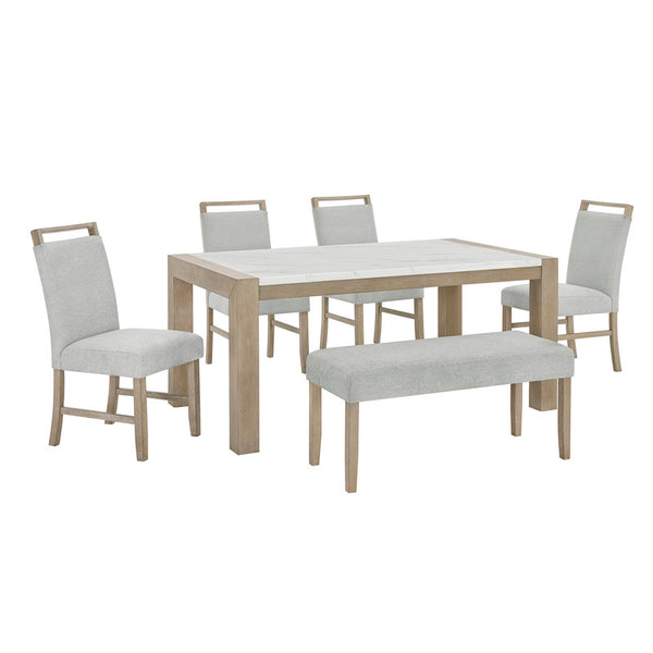 English Elm Louisa Six Piece Rectangular Faux Marble Dining Set with Oak Bench for Family Meals B2749S00313