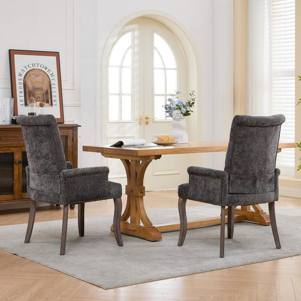 English Elm Upholstered Chenille Club Dining Chair Tufted High Back with Curved Solid Wood Legs Gray W1143P449348