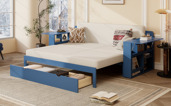 English Elm Queen Daybed with Hydraulic Desk Storage Drawers and Convertible Sofa for Small Spaces Blue LT000272AAC