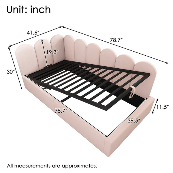 English Elm Upholstered Velvet Daybed with Hydraulic Storage & Metal Slatted Frame, Twin Sofa Bed, 300 lb Capacity Pink N736P333613P