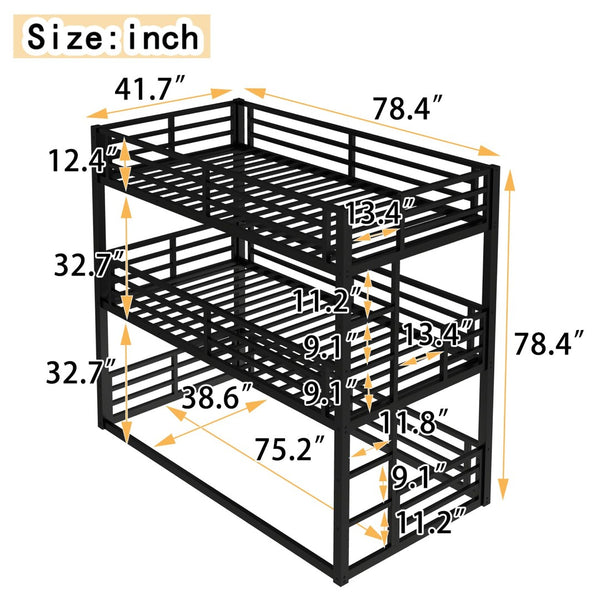 English Elm Twin Metal Triple Bunk Bed With Safety Guardrails - Heavy-Duty, Noise-Reduced Design In Black Finish P1 W1580S00142-GIGA