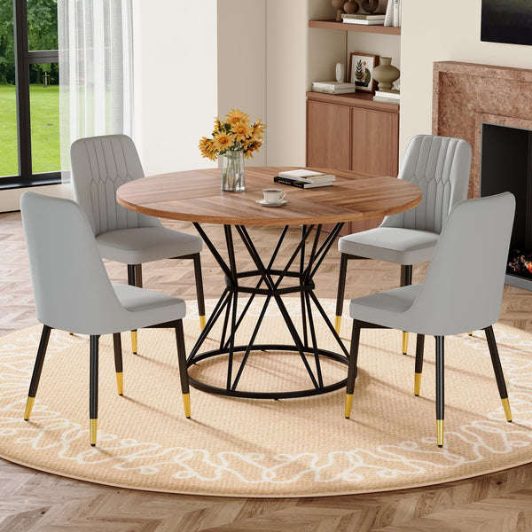 English Elm Table and Chair Set Round Tempered Glass Top Gold X Base with 4 Pu Dining Seats W1151S04839