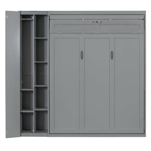 English Elm Queen Murphy Wall Bed with Led Lighting Open Shelves and Wardrobe Cabinet Storage LP000899AAE