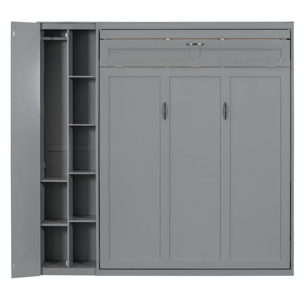 English Elm Queen Murphy Wall Bed with Led Lighting Open Shelves and Wardrobe Cabinet Storage LP000899AAE