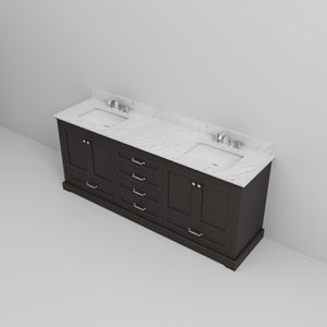 English Elm Espresso Double Bath Vanity 80 in W x 22 in D with Carrara Marble Top, Soft-Close Storage & Faucet Set B2731P258414