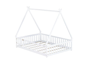 English Elm Full Size Tent-Shaped Floor Bed In White - Rubberwood Frame With Guardrails, Slats & Cozy Door W504P345787