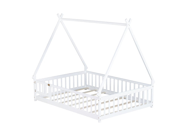 English Elm Full Size Tent-Shaped Floor Bed In White - Rubberwood Frame With Guardrails, Slats & Cozy Door W504P345787