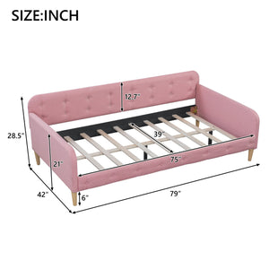 English Elm Twin Upholstered Daybed with Pine Frame and Linen Fabric, Button-Tufted High Sideboard, 79" L Pink N709P266225H