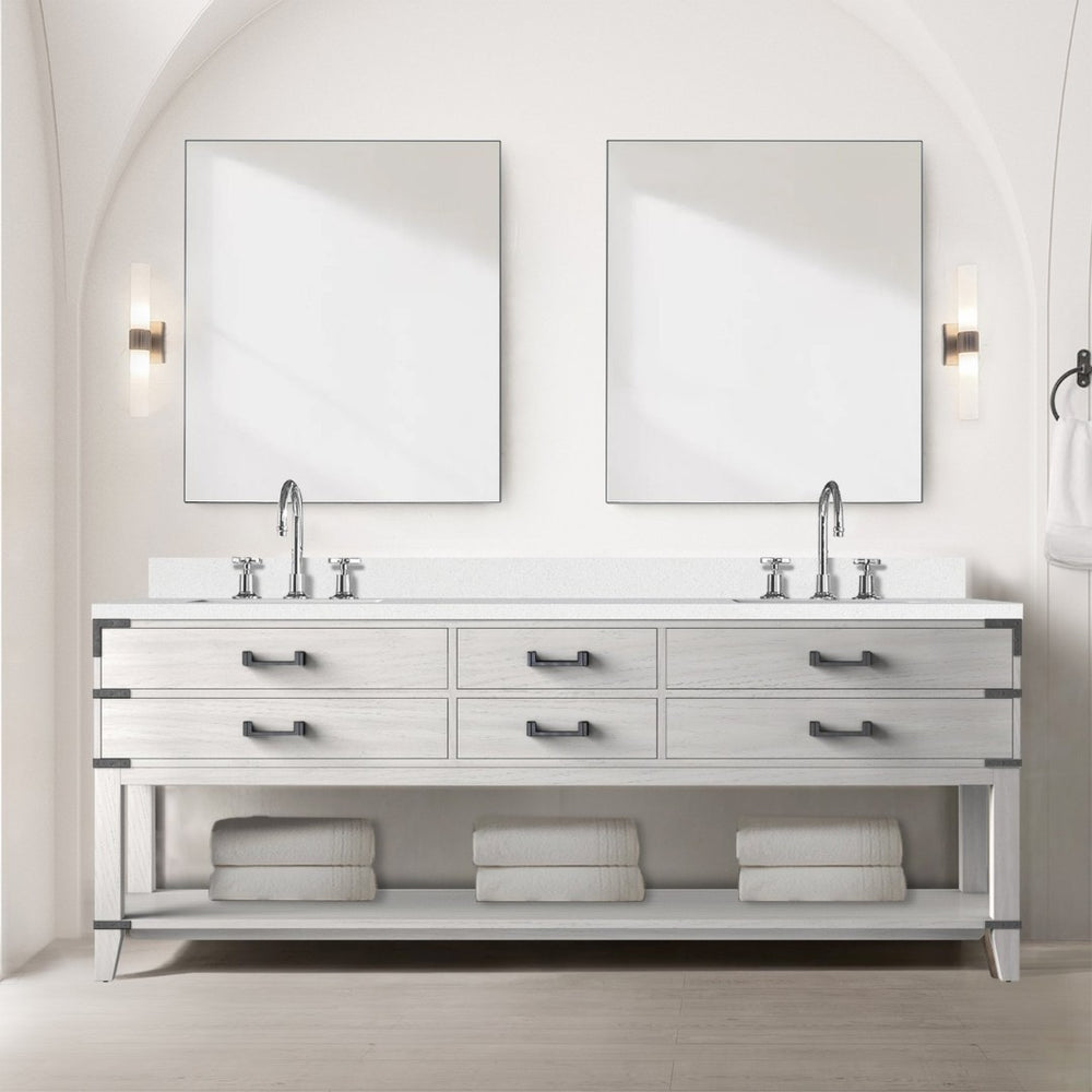 English Elm White Oak Double Bath Vanity 84" W With Quartz Top, Chrome Faucet Set, Soft-Close Drawers & Storage B2731P260404-GIGA