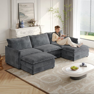 English Elm Corduroy 3-Seater Modular Cloud Couch With Movable Footrests For Ultimate Comfort & Style W834S00426