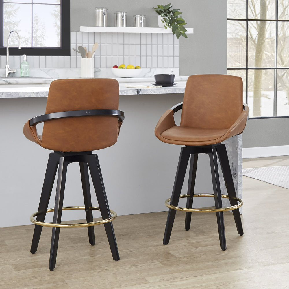 English Elm Fixed-height Swivel Counter Stools with Faux Leather Seats and Chrome Footrest Set of 2 B202S01802