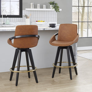 English Elm Fixed-height Swivel Counter Stools with Faux Leather Seats and Chrome Footrest Set of 2 B202S01802