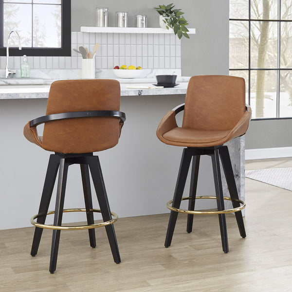 English Elm Fixed-height Swivel Counter Stools with Faux Leather Seats and Chrome Footrest Set of 2 B202S01802