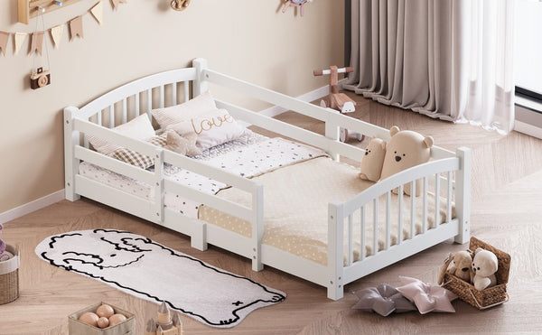 English Elm Twin Montessori Floor Bed Solid Pine Frame with Safety Guardrails for Kids Bedroom White N733P400298K