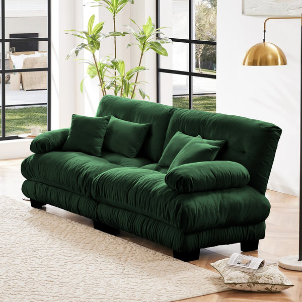 English Elm Cloud Couch 2-Seater Sofa In Soft Green Chenille - Plush Comfort With Lumbar & Throw Pillows Included W714S01088