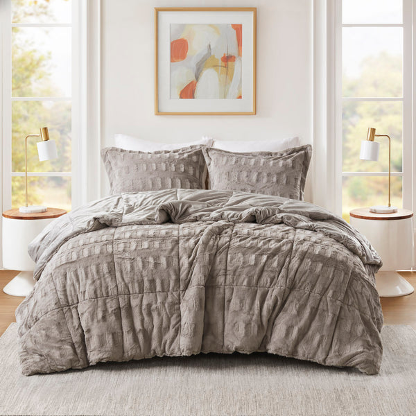 JLA Home Madison Park - Back Plush Reversible Long Fur Comforter Mini Set with Hypoallergenic Fill, OEKO‑TEX Certified Luxury Gray MP10-8542