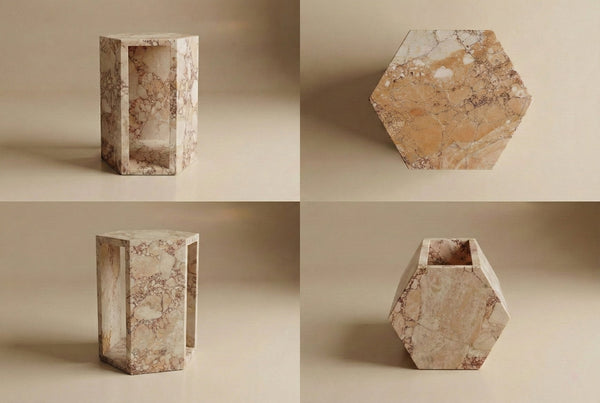 English Elm Genuine Solid Marble Hexagonal Pedestal End Table Polished Stone for Modern Living Pink W1696P407998