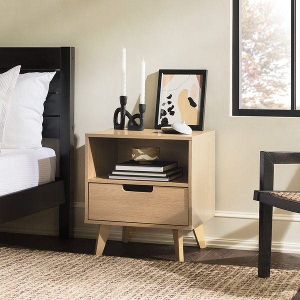 Hans Sleek Mid-Century Modern Nightstand with 1 Drawer and Open Cubby for Stylish Storage Solutions