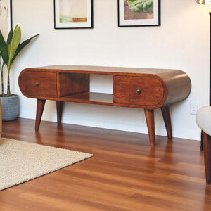 English Elm Solid Mango Wood Circular Tv Unit With Nordic Legs, 2 Drawers, Open Slot For Stylish Storage Solutions B182P280779-GIGA