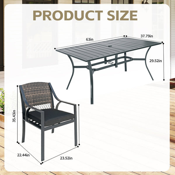 English Elm 7-piece Outdoor Dining Set Powder Coated Steel Rattan Chairs Cushions Poolside T5880S00024