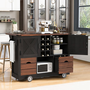 English Elm K&K 54" Farmhouse Kitchen Island Cart with Drop Leaf, Wine Rack, Power Outlet and Rolling Storage Black N707P349814B