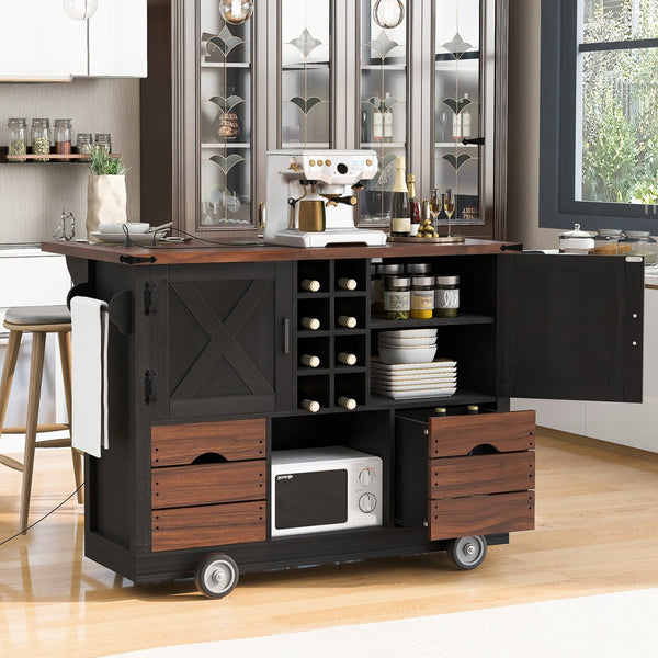 English Elm K&K 54" Farmhouse Kitchen Island Cart with Drop Leaf, Wine Rack, Power Outlet and Rolling Storage Black N707P349814B
