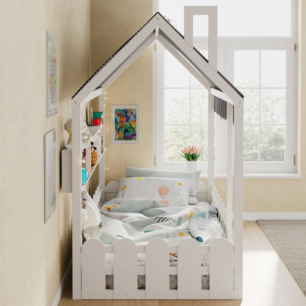 English Elm {slats Are Not Included} Twin Montessori House Floor Bed Kids Tent Lights Shelves Pinewood Frame White N708P407962K