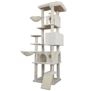 English Elm 84 Inch Tall Multi Cat Tower with Sisal Posts Hammock Triple Condos and Top Perch W243P382891
