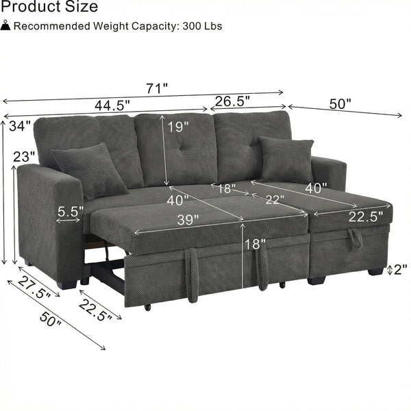English Elm Sleeper Sectional Sofa with Storage Chaise Tufted Polyester Upholstery Small Space W5568S00038