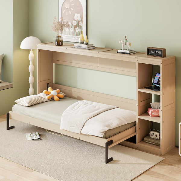 English Elm Twin Space-Saving Murphy Bed with Bookshelf and Fold-Down Desk, LVL/MDF, Compact Modern Design Natural GX002221AAN