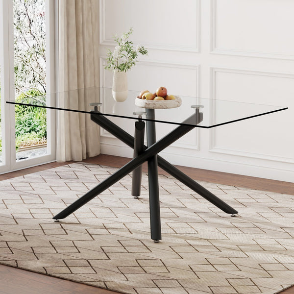 English Elm Large Tempered Glass Rectangular Dining Table Seats Six with Matte Black Metal Frame W1151S04538